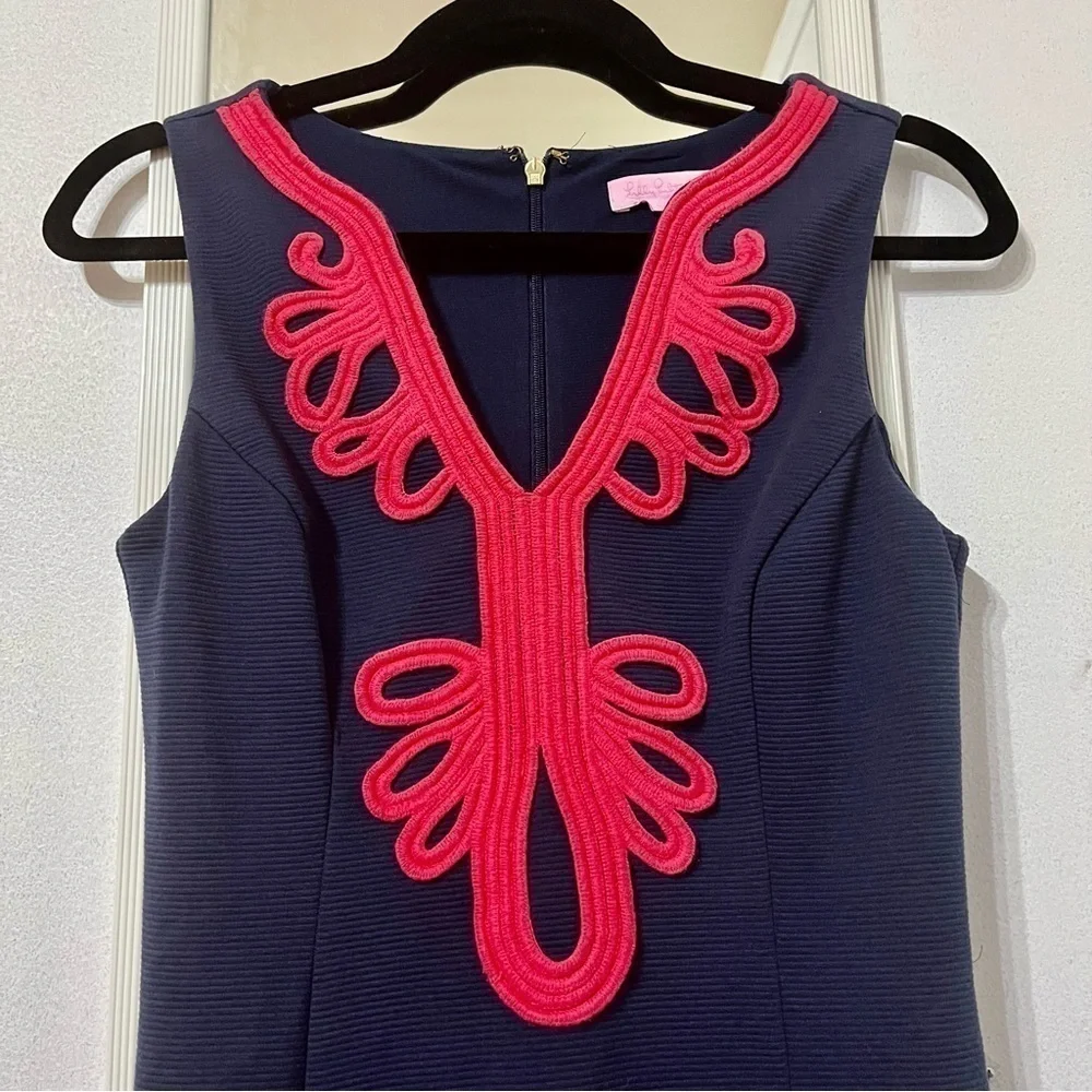 LILLY PULITZER Janice Navy Coral Knit Shift Embroidered Mini Dress Size XS - Picture 4 of 7